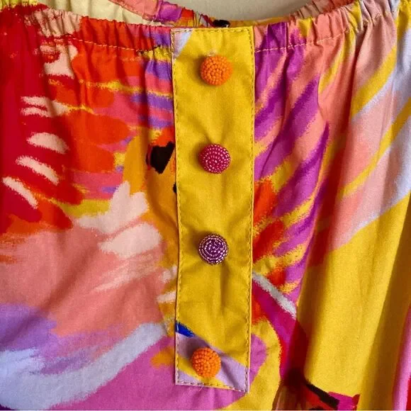 SOLD FARM Rio Neon Macaws Maxi Dress Beaded Tropical Bird Yellow Pink Size L - Picture 10 of 16